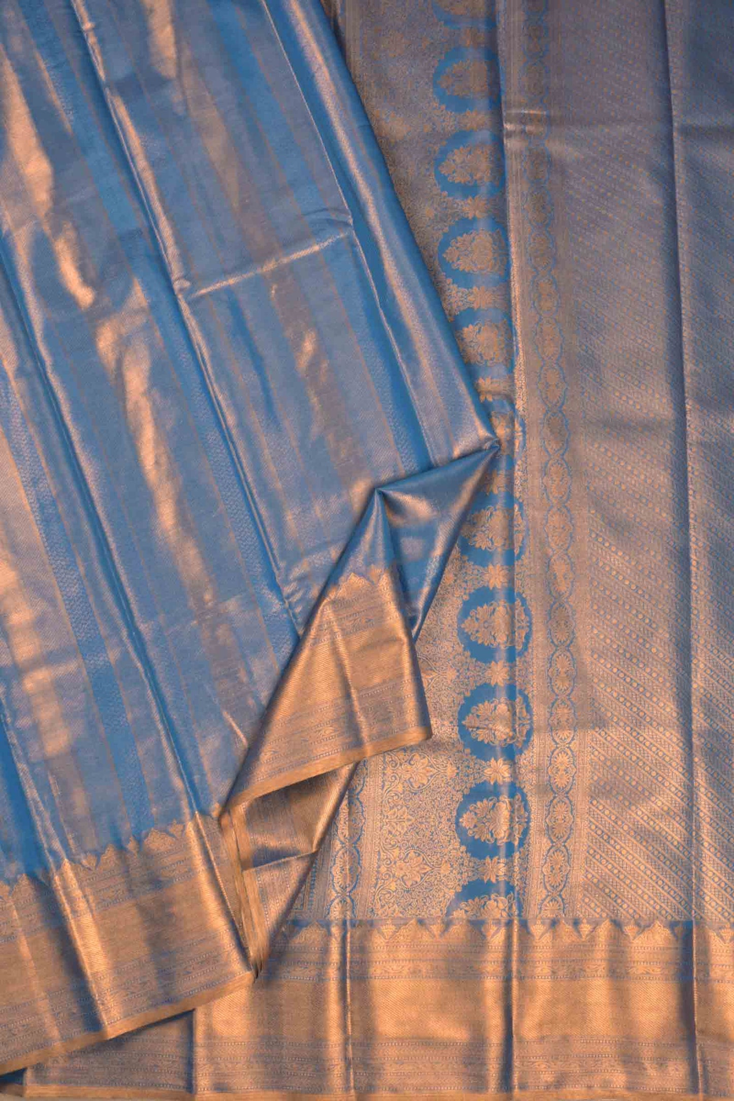 Golden Blue Semi Tissue Silk Fancy Zari Lines  Brocade Zari Border Pallu Saree