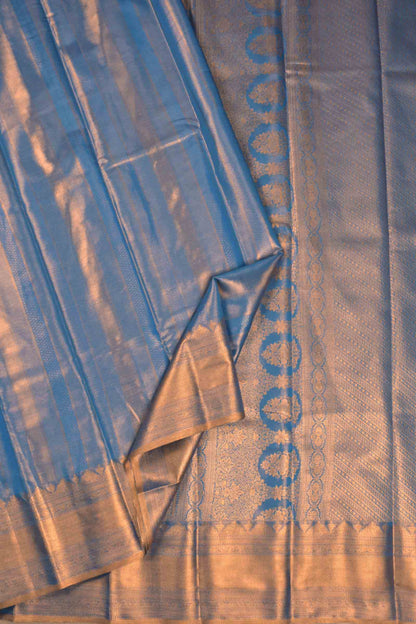 Golden Blue Semi Tissue Silk Fancy Zari Lines  Brocade Zari Border Pallu Saree