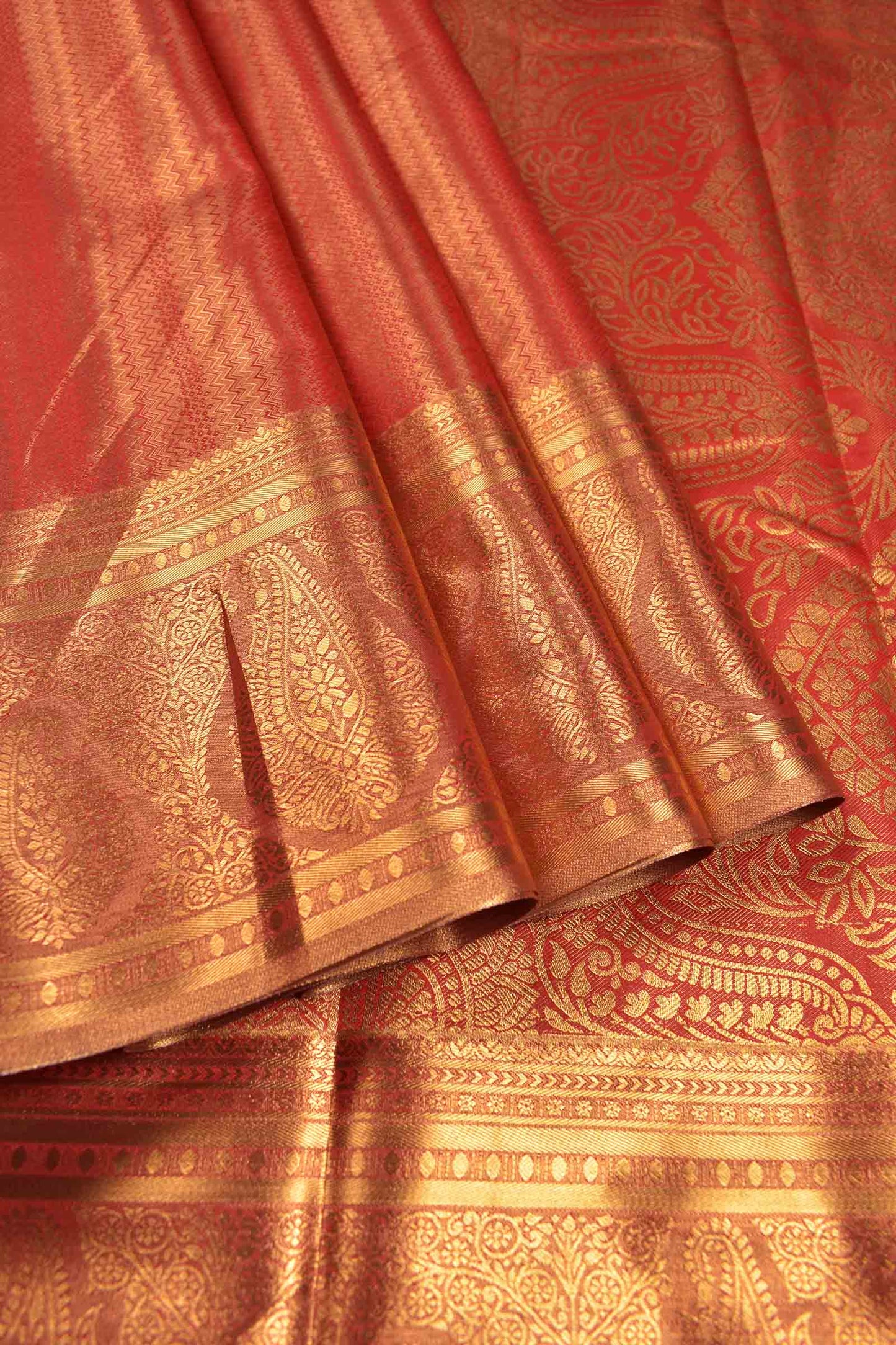 Golden Red Semi Tissue Silk Fancy Zari Stripes Brocade Zari Border Pallu Saree