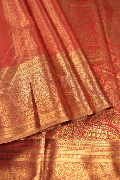 Golden Red Semi Tissue Silk Fancy Zari Stripes Brocade Zari Border Pallu Saree