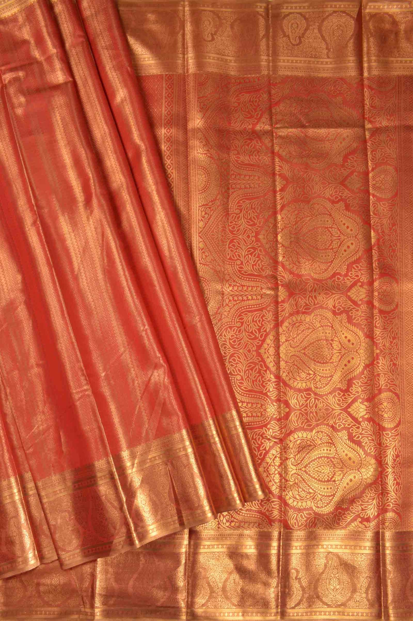 Golden Red Semi Tissue Silk Fancy Zari Stripes Brocade Zari Border Pallu Saree