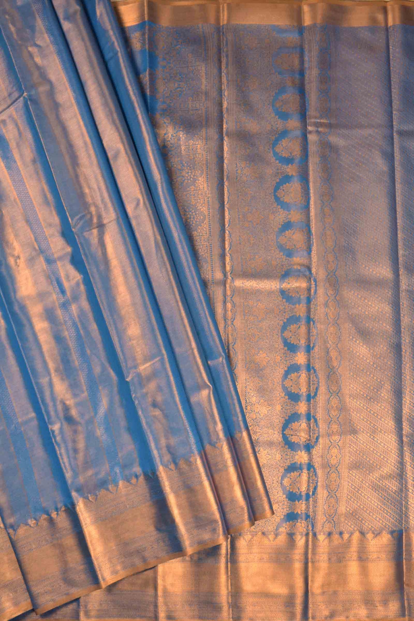 Golden Blue Semi Tissue Silk Fancy Zari Lines  Brocade Zari Border Pallu Saree