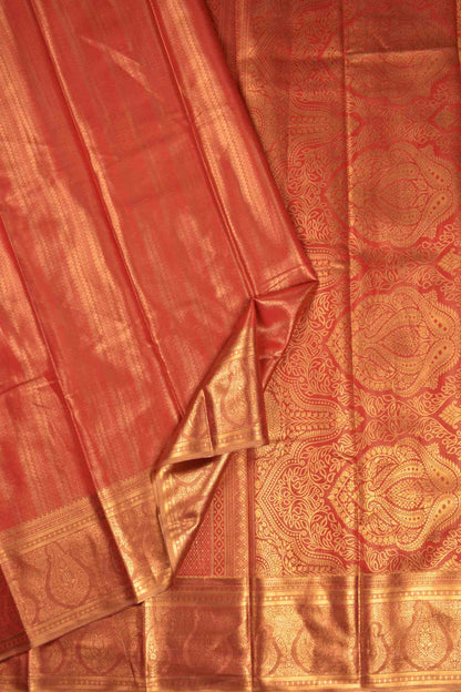 Golden Red Semi Tissue Silk Fancy Zari Stripes Brocade Zari Border Pallu Saree