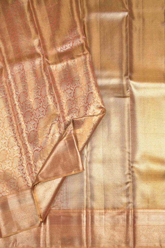 Golden Tissue Pastel Orange Kanchipuram Bridal Pure Silk Golden Florals Zari Border Pallu Saree NAA173