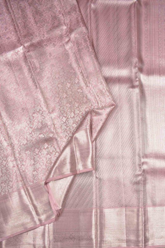 Pastel Pink Tissue Kanchipuram Bridal Pure Silk Silver Floral Silver Zari Border Pallu Saree NAA125