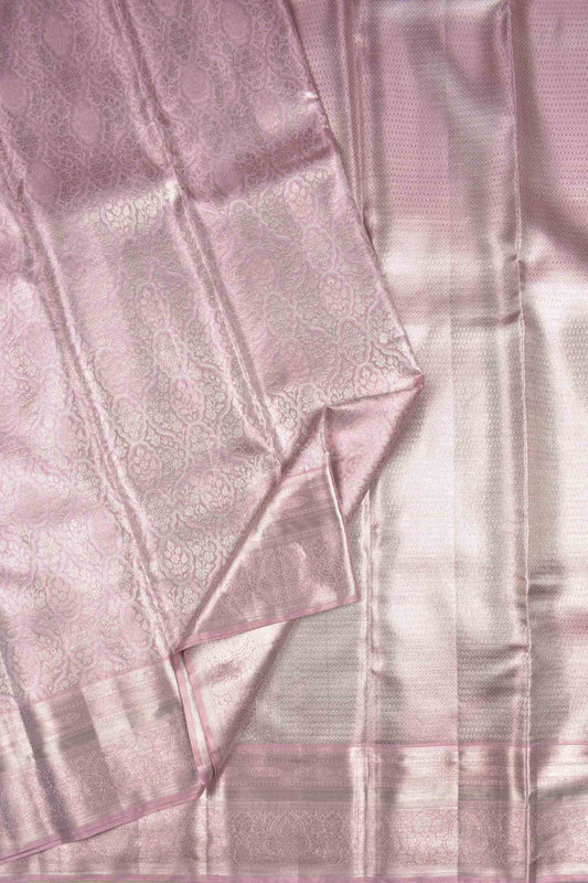 Pastel Pink Silver Tissue Kanchipuram Bridal Pure Silk Rich Body Silver Zari Border Pallu Saree NAA174