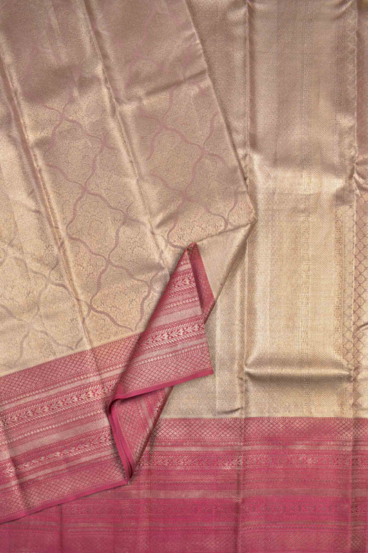 Golden Sandal Kanchipuram Bridal Pure Silk Floral Jaal Design Contrast Pink Brocade Border Saree NAA126