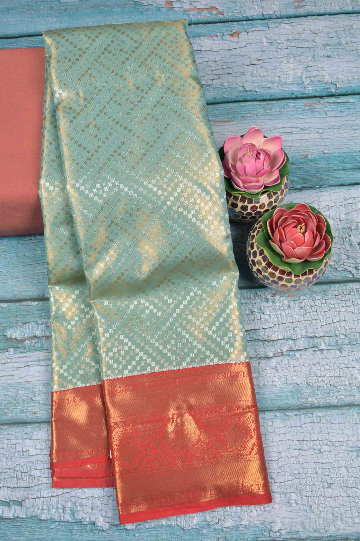 Golden Light Blue Semi Silk Geometric Rangoli Contrast Red Zari Border Saree