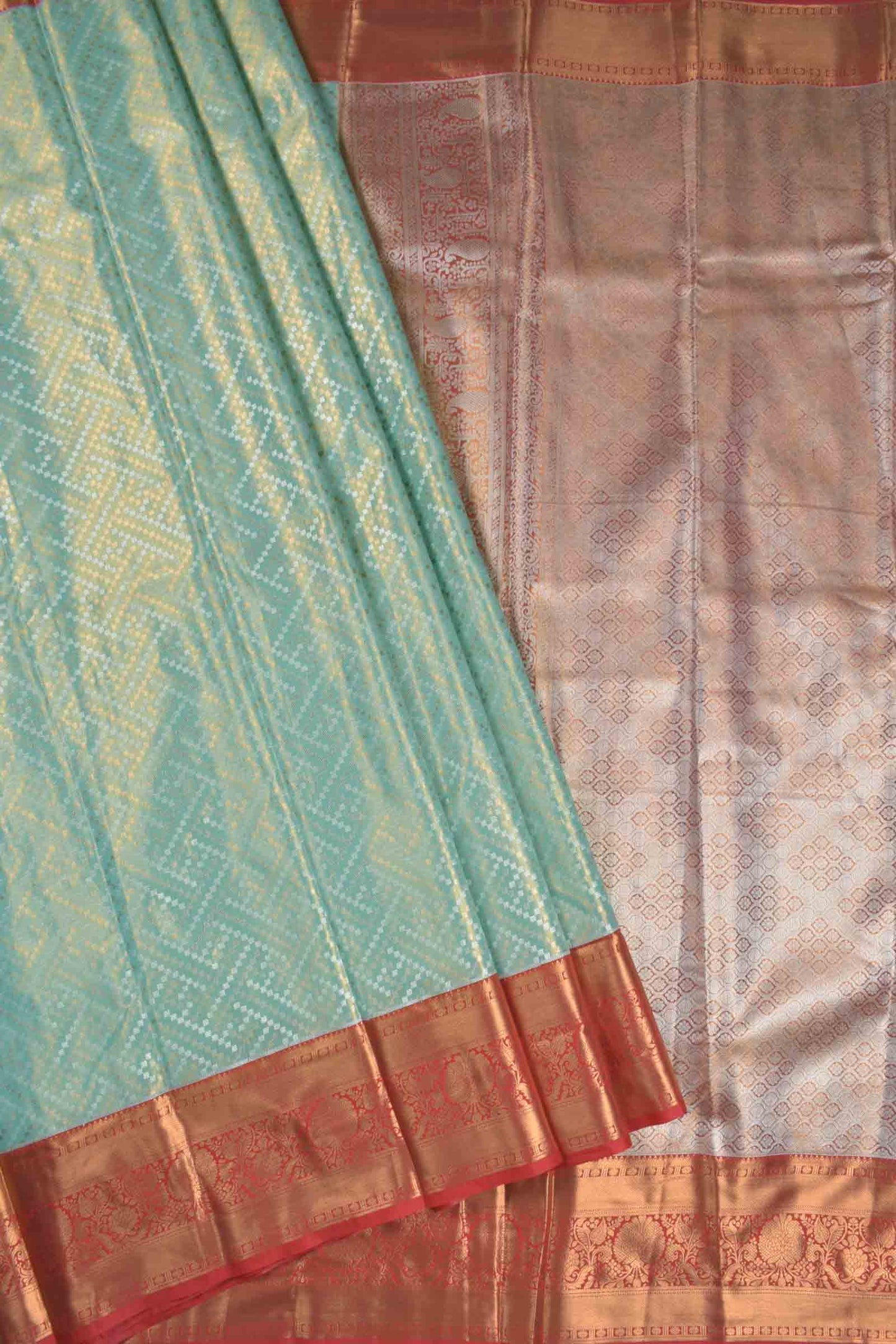 Golden Light Blue Semi Silk Geometric Rangoli Contrast Red Zari Border Saree
