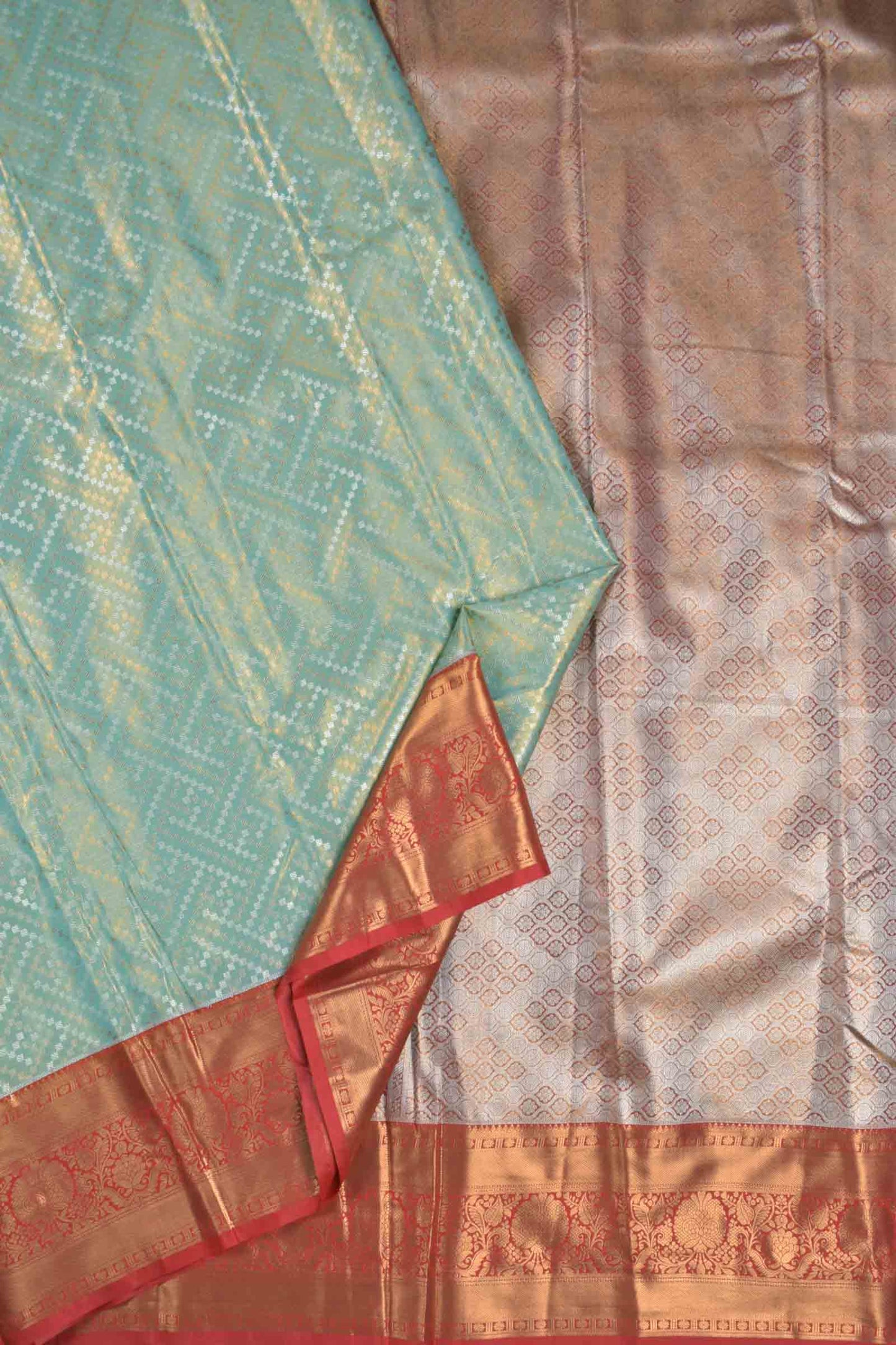 Golden Light Blue Semi Silk Geometric Rangoli Contrast Red Zari Border Saree