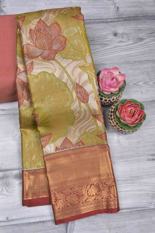 Golden Green With Maroon Semi Silk  Lotus Weaving Butta Zari Border Pallu Saree NAA1001