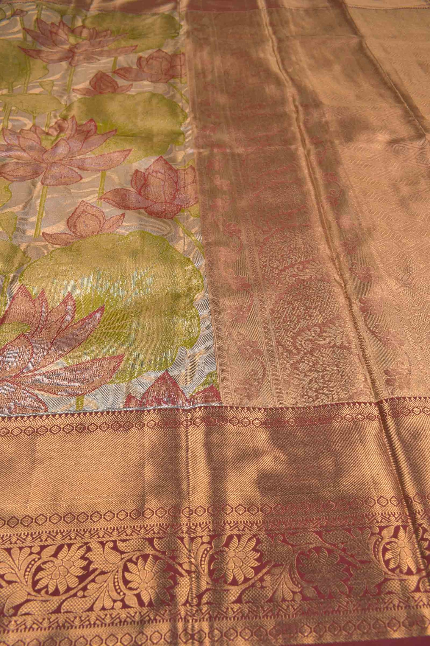 Golden Green With Maroon Semi Silk  Lotus Weaving Butta Zari Border Pallu Saree NAA1001