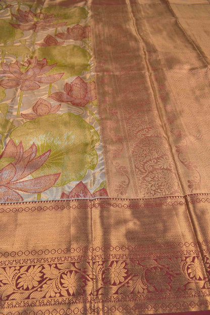 Golden Green With Maroon Semi Silk  Lotus Weaving Butta Zari Border Pallu Saree NAA1001