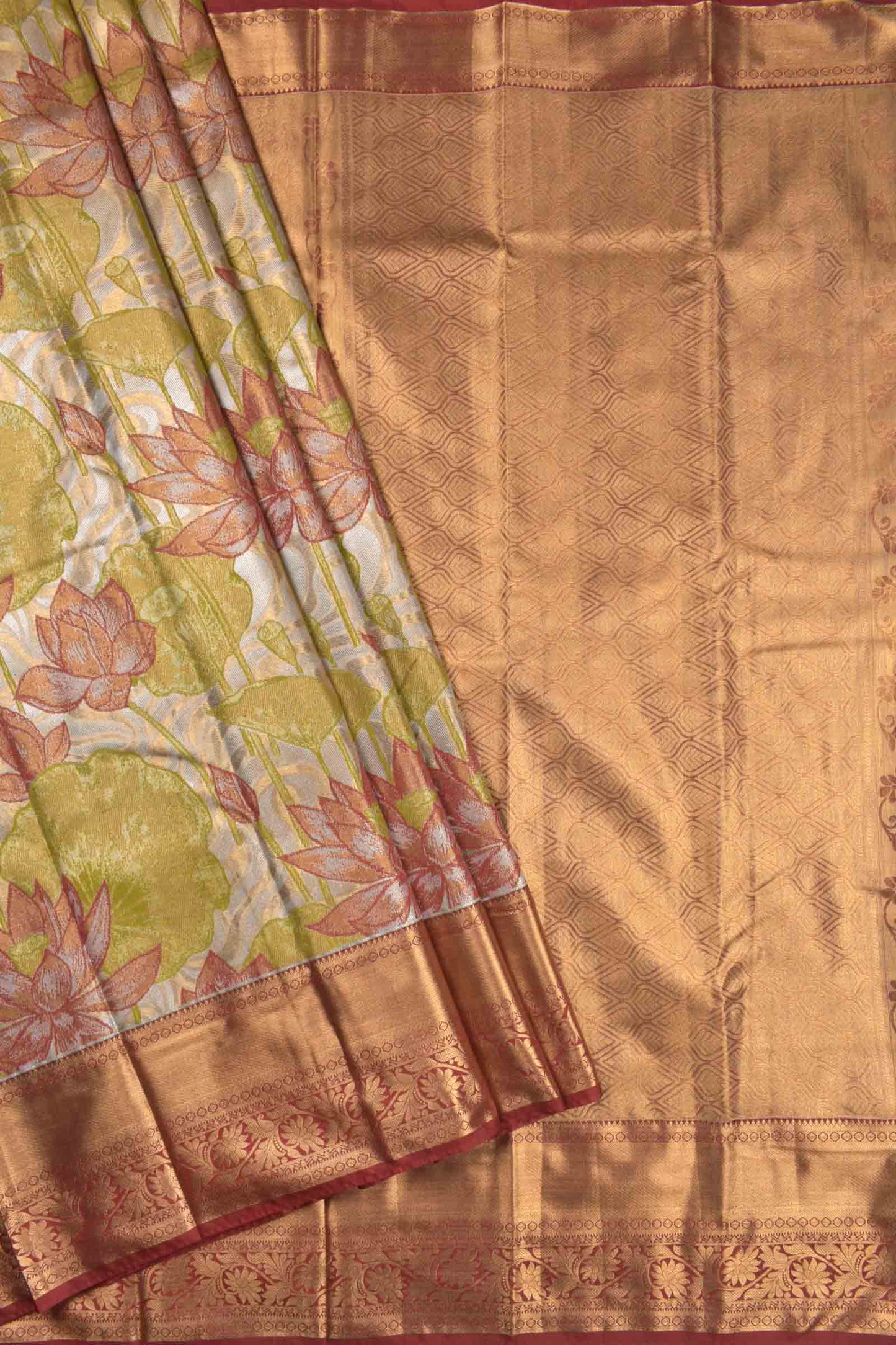 Golden Green With Maroon Semi Silk  Lotus Weaving Butta Zari Border Pallu Saree NAA1001