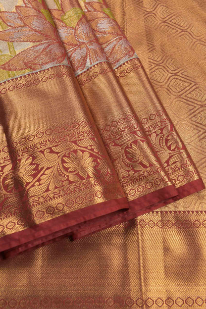 Golden Green With Maroon Semi Silk  Lotus Weaving Butta Zari Border Pallu Saree NAA1001