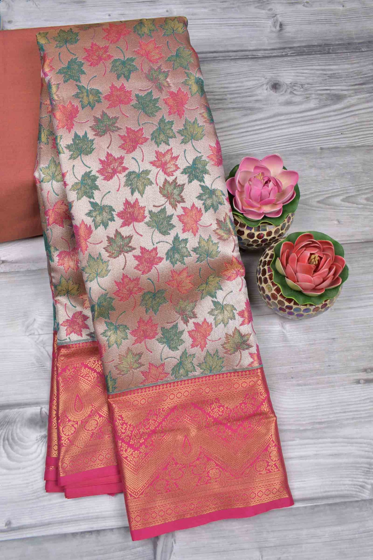 Golden Light Copper Semi Silk Maples Golden Pink Zari Border Saree