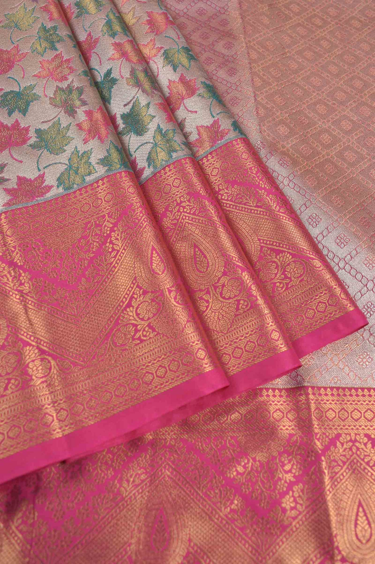 Golden Light Copper Semi Silk Maples Golden Pink Zari Border Saree