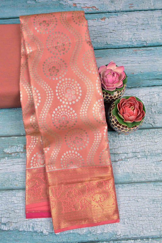 Golden Pink Semi Silk Fancy Rangoli Groves Golden Pink Zari Border Pallu Saree