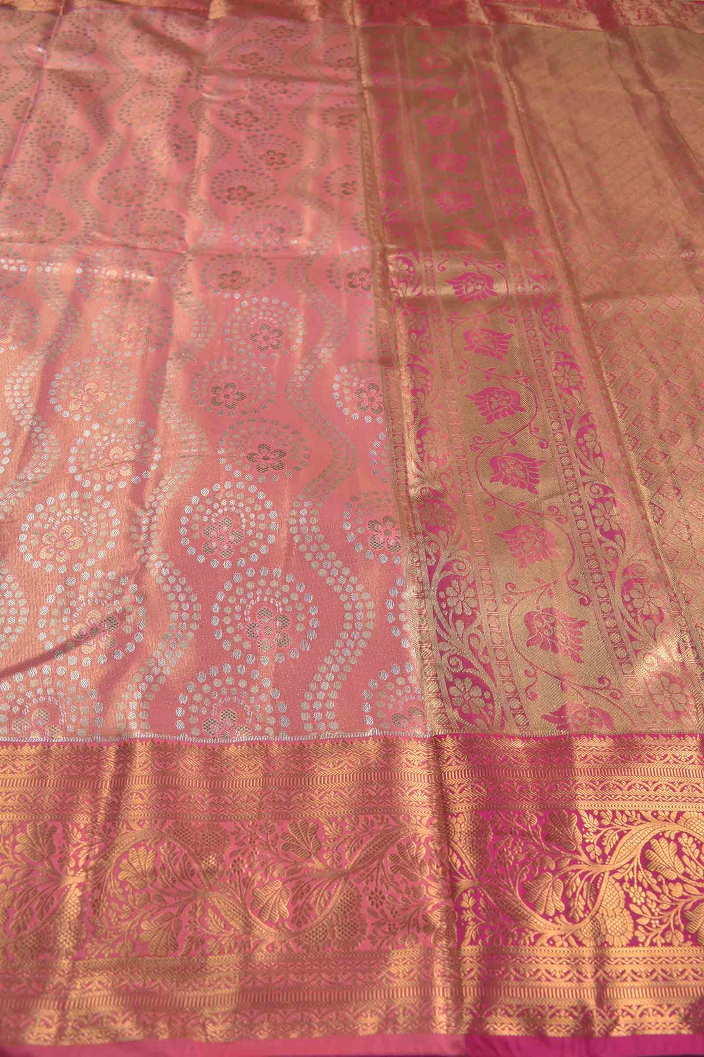 Golden Pink Semi Silk Fancy Rangoli Groves Golden Pink Zari Border Pallu Saree