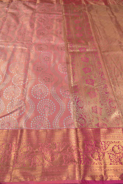 Golden Pink Semi Silk Fancy Rangoli Groves Golden Pink Zari Border Pallu Saree