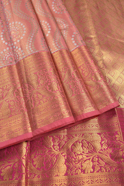 Golden Pink Semi Silk Fancy Rangoli Groves Golden Pink Zari Border Pallu Saree