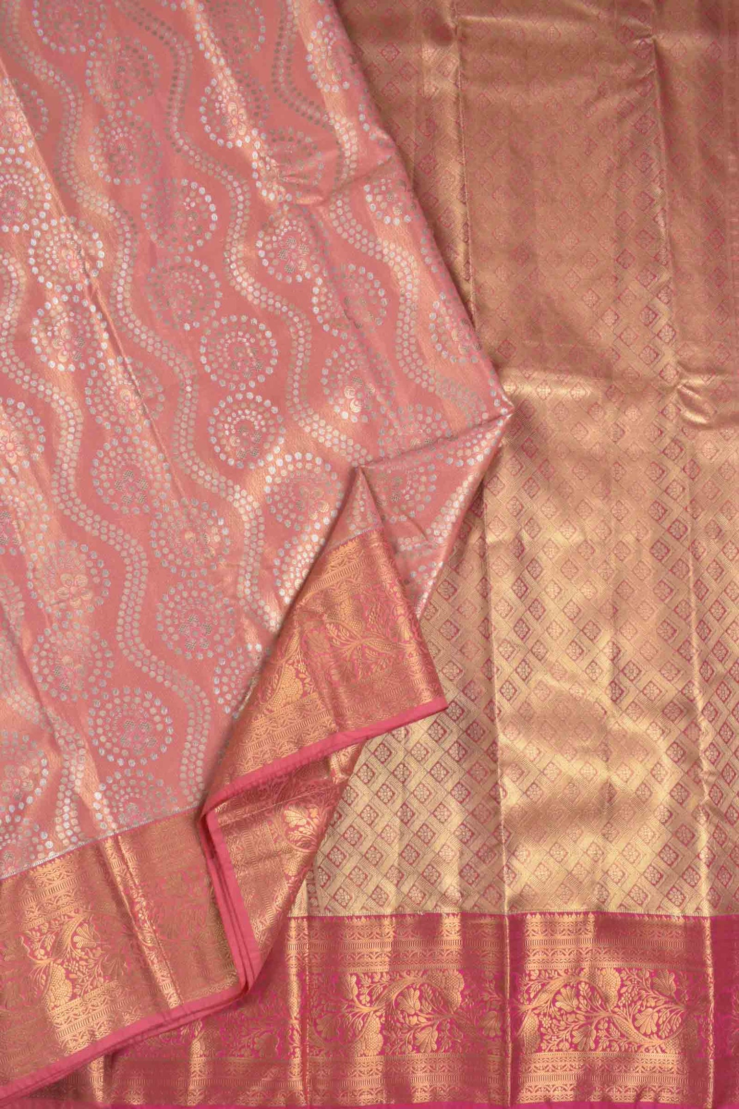 Golden Pink Semi Silk Fancy Rangoli Groves Golden Pink Zari Border Pallu Saree