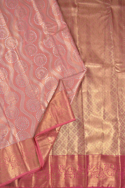 Golden Pink Semi Silk Fancy Rangoli Groves Golden Pink Zari Border Pallu Saree