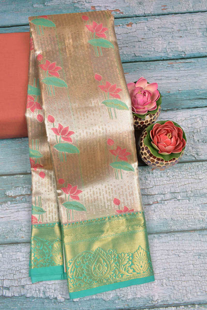 Gold With Silver Semi Silk Lotus Treasure Green Zari Border Pallu Saree