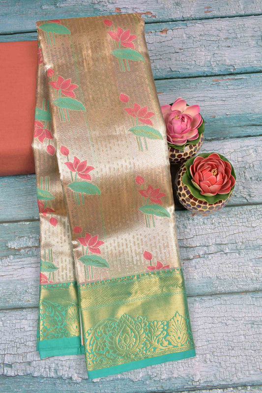 Gold With Silver Semi Silk Lotus Treasure Green Zari Border Pallu Saree
