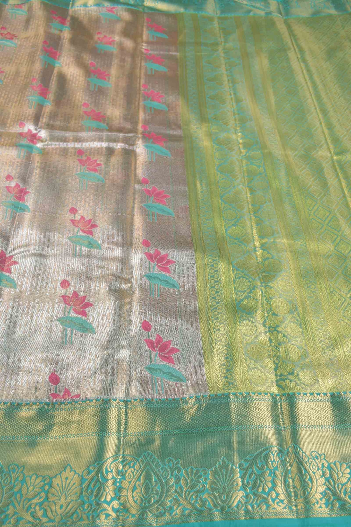 Gold With Silver Semi Silk Lotus Treasure Green Zari Border Pallu Saree