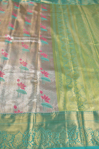 Gold With Silver Semi Silk Lotus Treasure Green Zari Border Pallu Saree