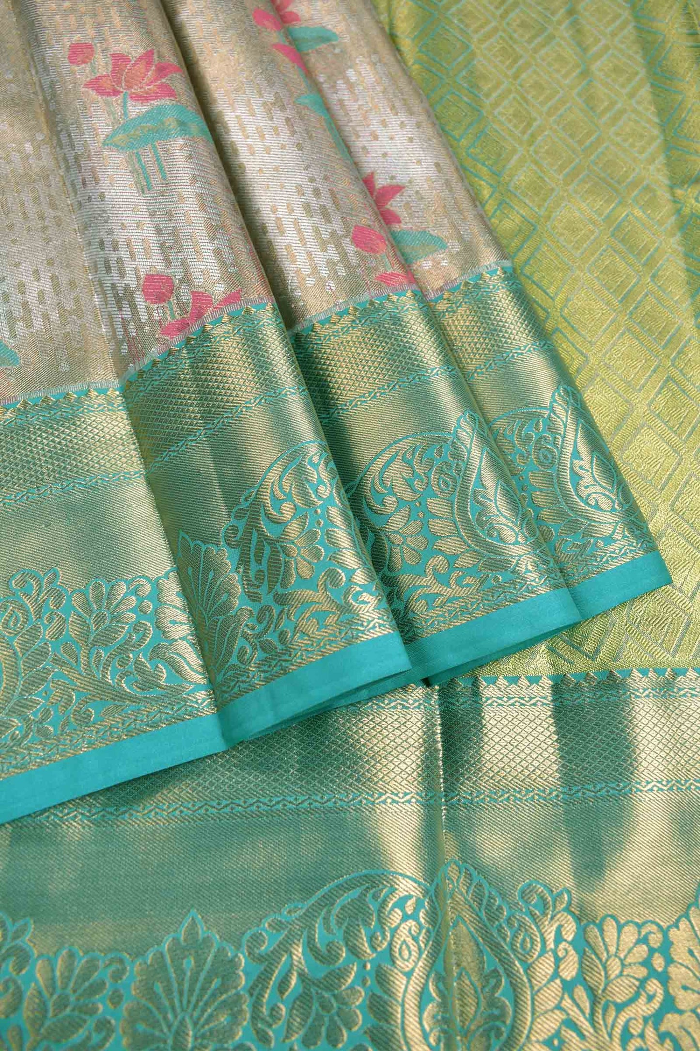 Gold With Silver Semi Silk Lotus Treasure Green Zari Border Pallu Saree