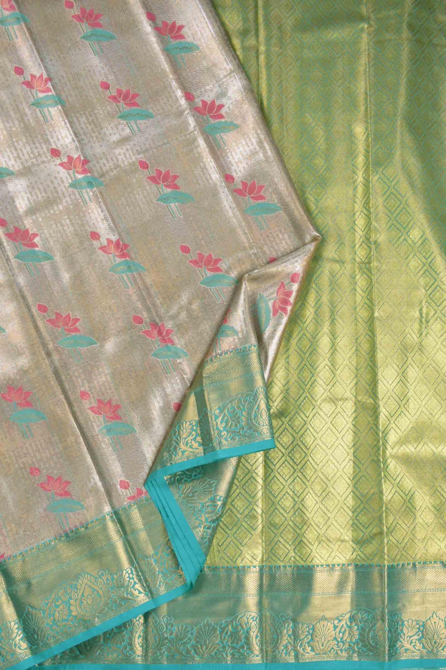 Gold With Silver Semi Silk Lotus Treasure Green Zari Border Pallu Saree