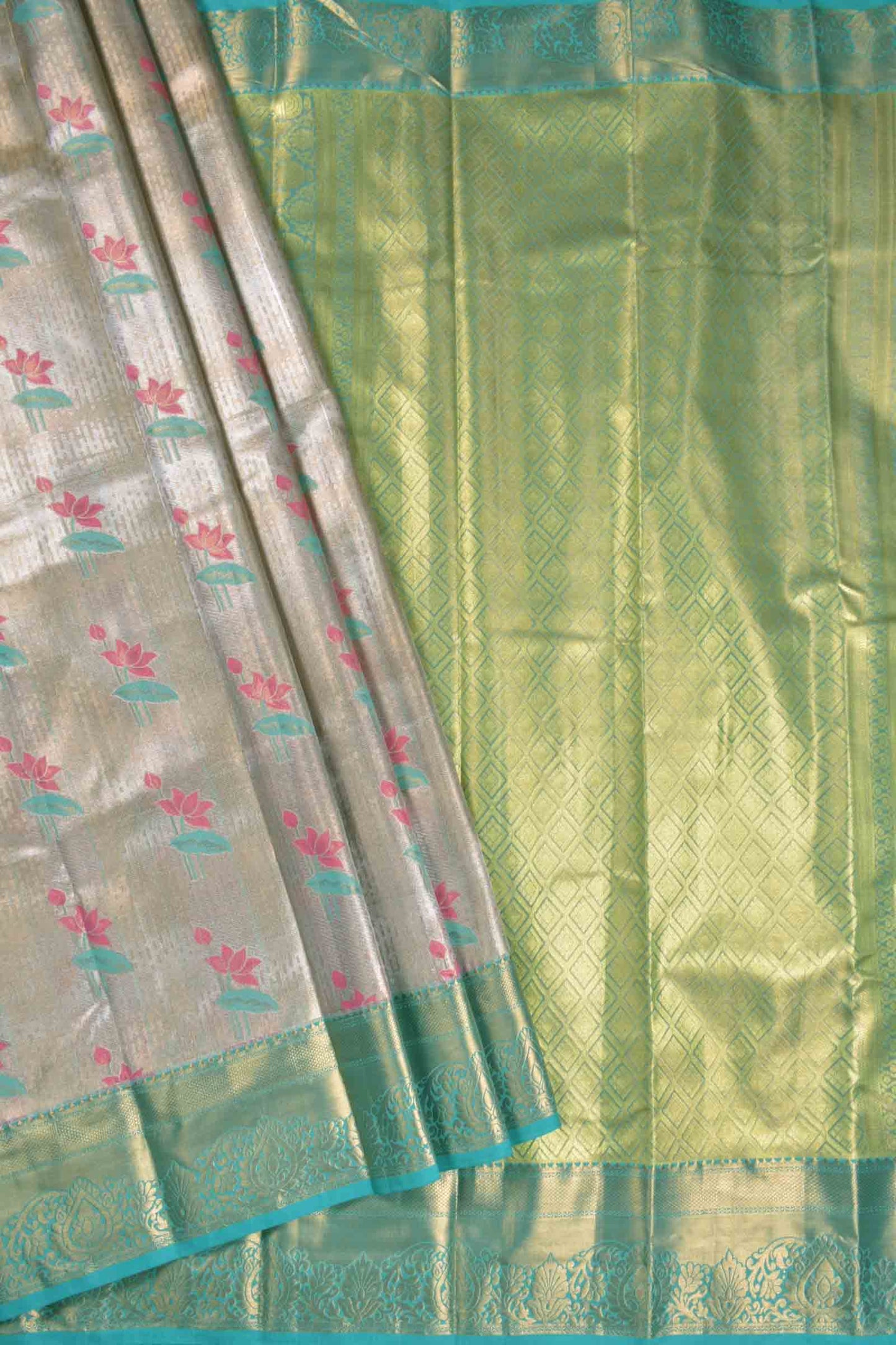 Gold With Silver Semi Silk Lotus Treasure Green Zari Border Pallu Saree