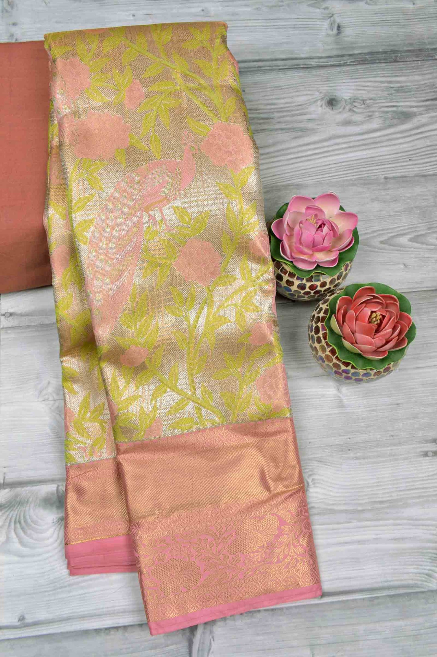 Golden Silver Semi Silk Peacock Paradise Golden Pink Zari Border Saree