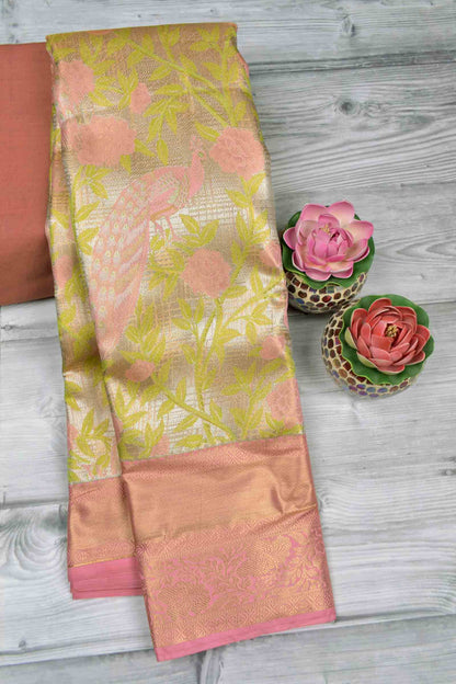 Golden Silver Semi Silk Peacock Paradise Golden Pink Zari Border Saree