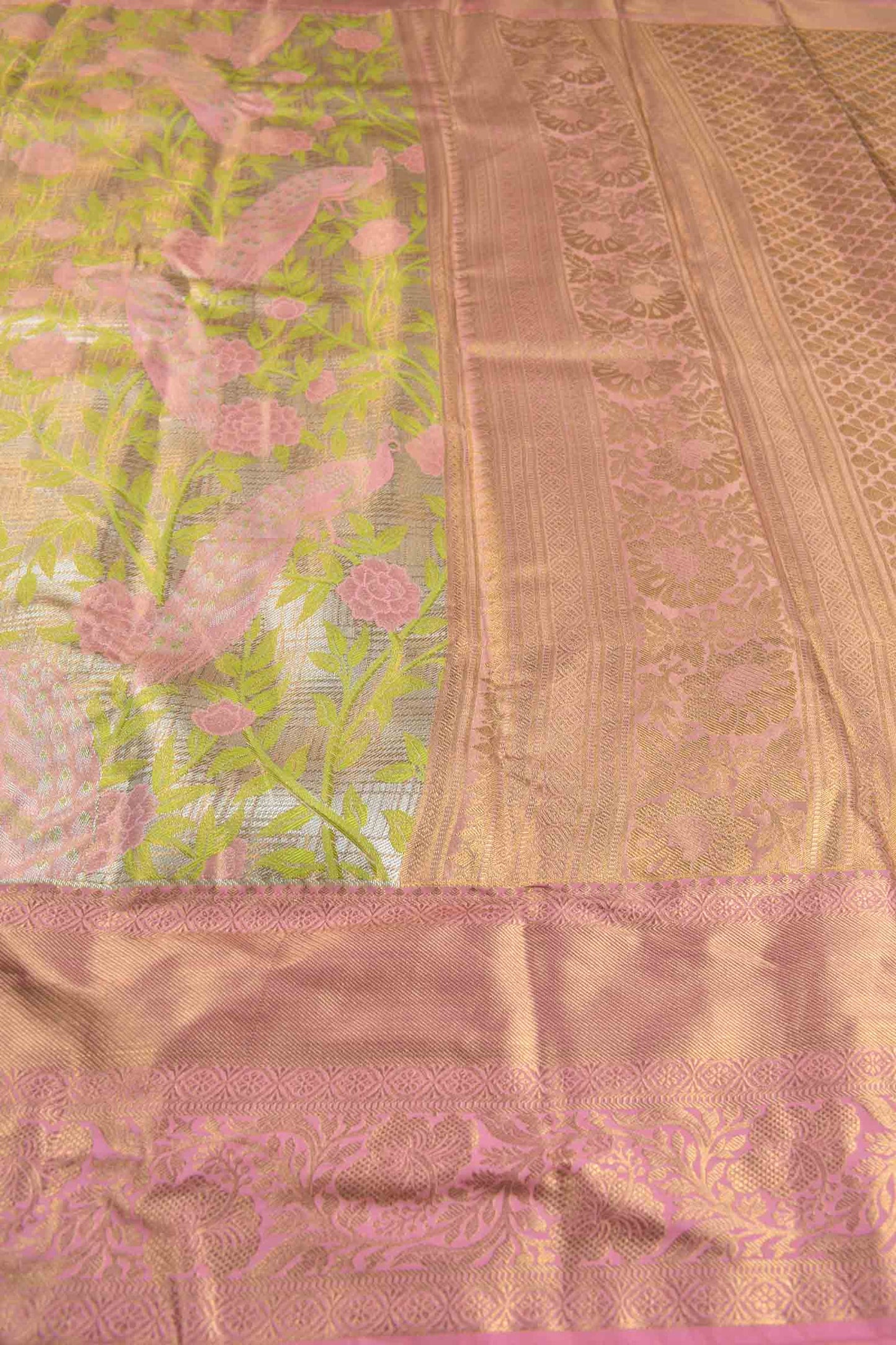 Golden Silver Semi Silk Peacock Paradise Golden Pink Zari Border Saree