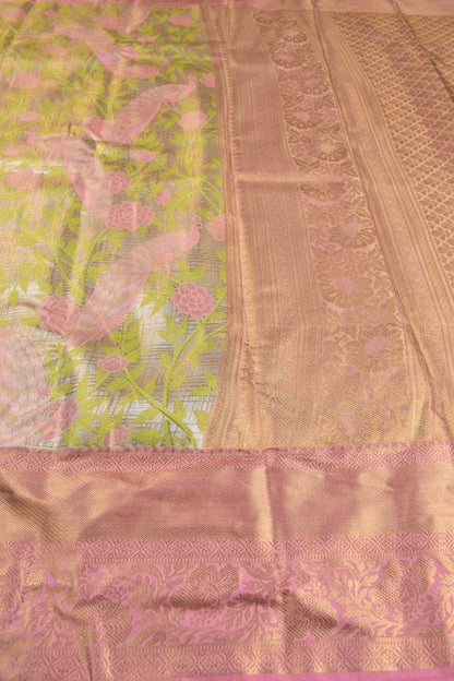 Golden Silver Semi Silk Peacock Paradise Golden Pink Zari Border Saree