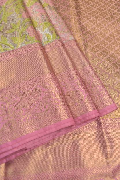 Golden Silver Semi Silk Peacock Paradise Golden Pink Zari Border Saree