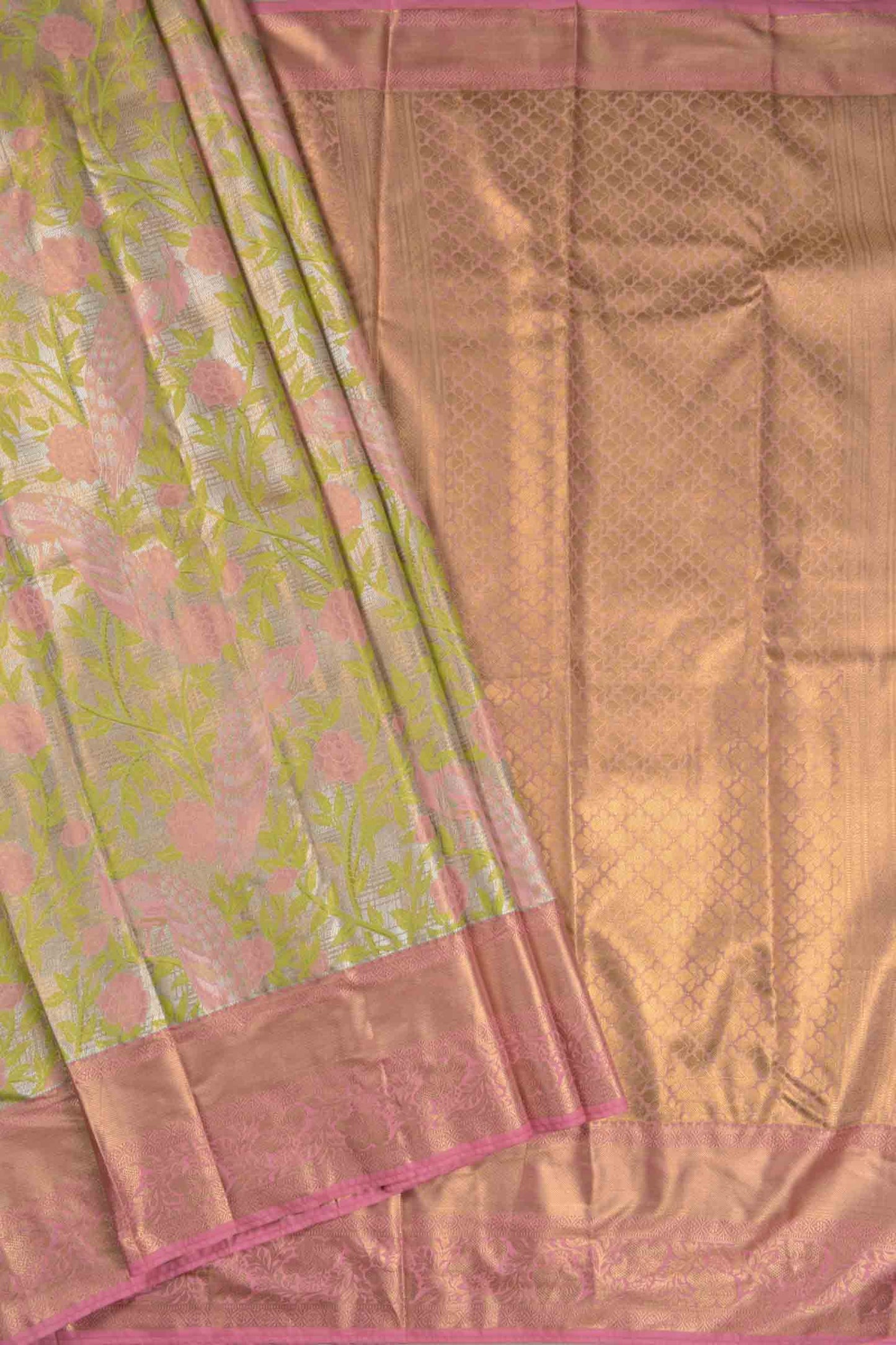 Golden Silver Semi Silk Peacock Paradise Golden Pink Zari Border Saree