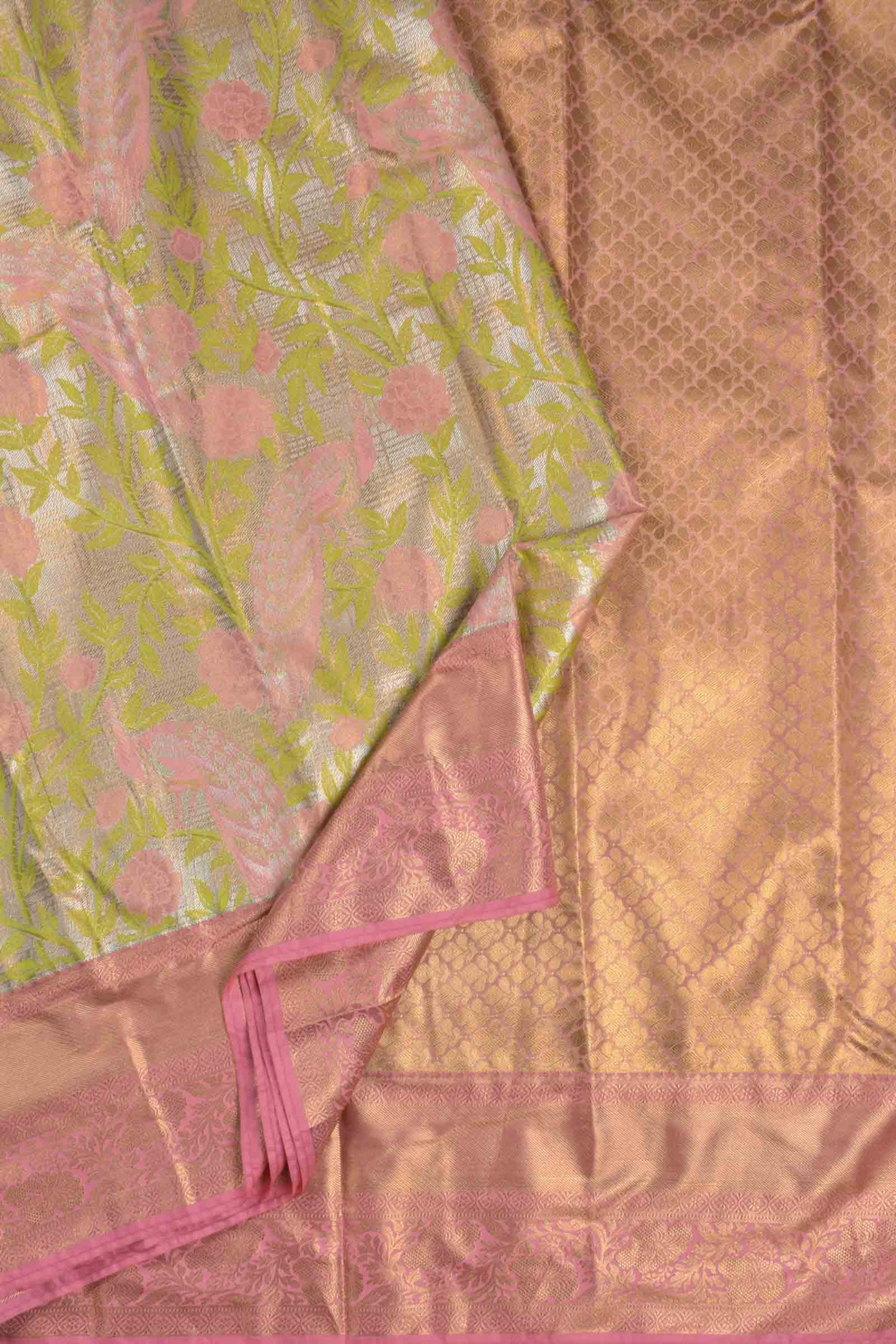 Golden Silver Semi Silk Peacock Paradise Golden Pink Zari Border Saree