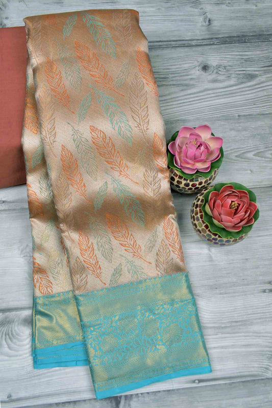 Golden Peach Semi Silk Quills All Over Blue Zari Border Pallu Saree