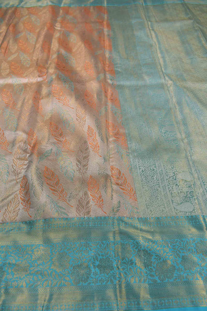 Golden Peach Semi Silk Quills All Over Blue Zari Border Pallu Saree