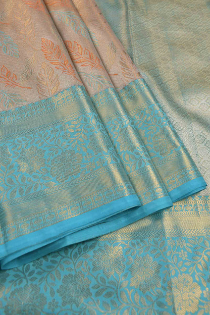 Golden Peach Semi Silk Quills All Over Blue Zari Border Pallu Saree