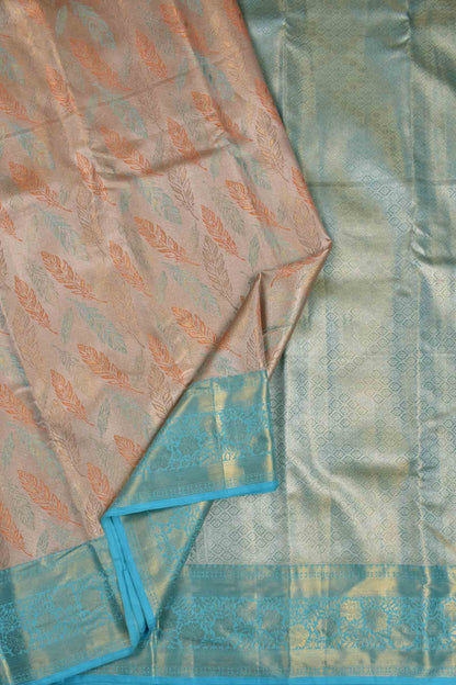 Golden Peach Semi Silk Quills All Over Blue Zari Border Pallu Saree