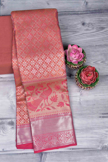 Golden Pink Semi Silk Intricate Florals Peacock Zari Border Fancy Pallu Saree