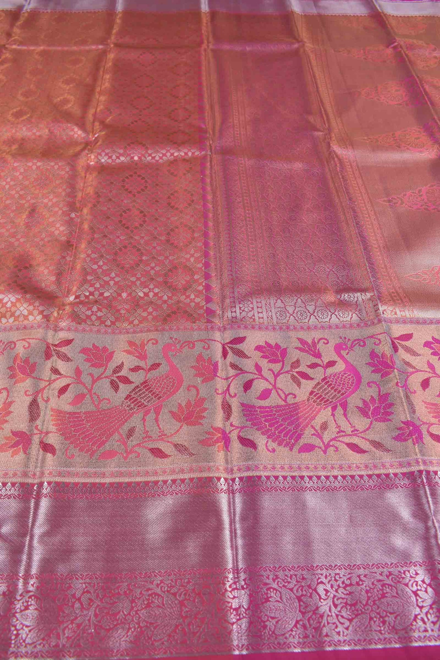 Golden Pink Semi Silk Intricate Florals Peacock Zari Border Fancy Pallu Saree