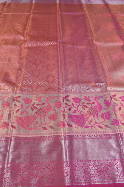 Golden Pink Semi Silk Intricate Florals Peacock Zari Border Fancy Pallu Saree
