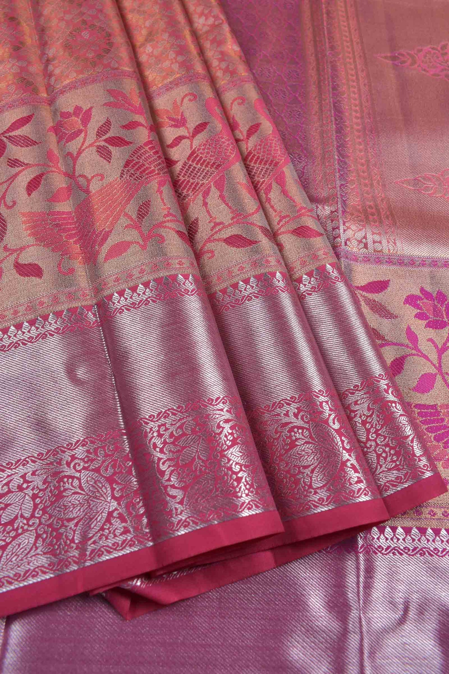 Golden Pink Semi Silk Intricate Florals Peacock Zari Border Fancy Pallu Saree