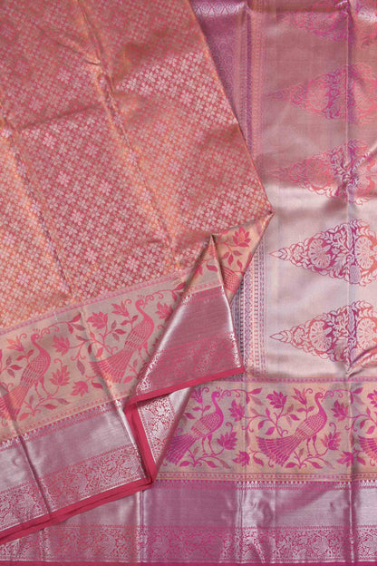 Golden Pink Semi Silk Intricate Florals Peacock Zari Border Fancy Pallu Saree